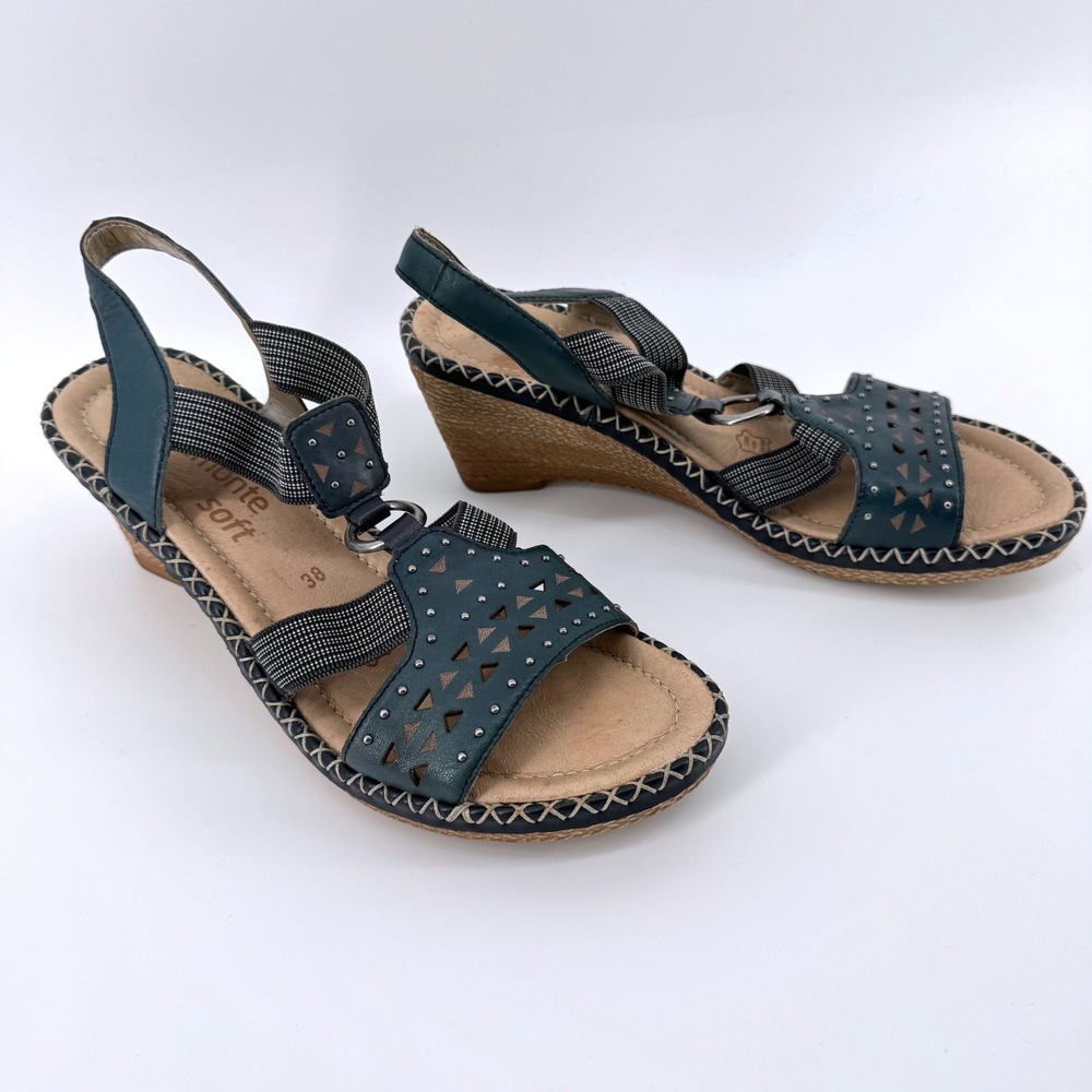 Remonte Soft Wedge Sandals Womens 38 Navy Blue Leather Laser Cut Studded Strappy